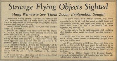 Newspaper clipping from 1966 about strange flying objects sighed over Dexter, Michigan
