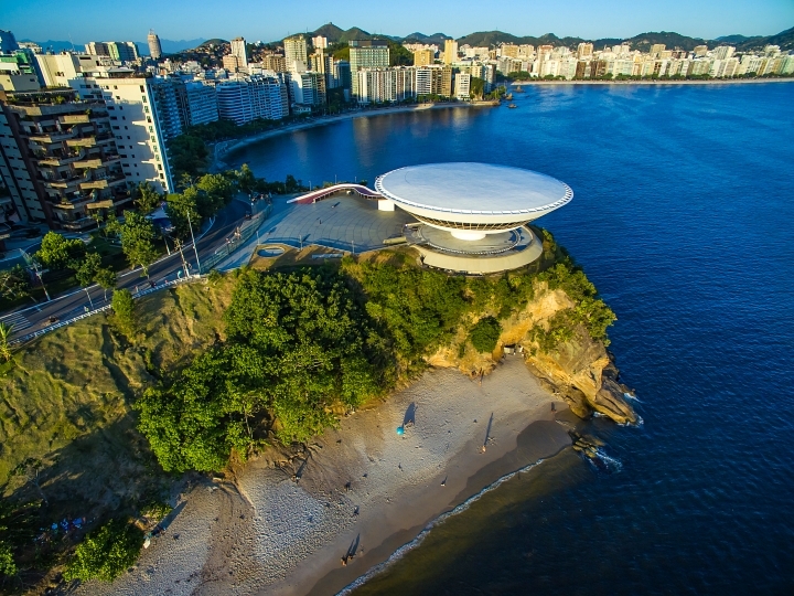Aerial view of UFO-shaped art museum near Rio De Janeiro
