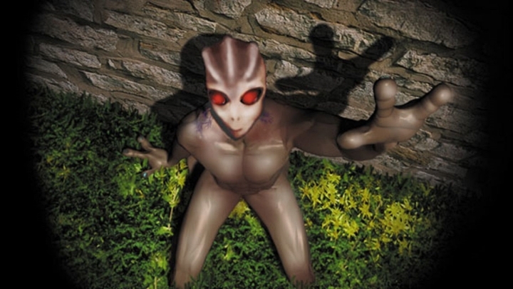 Artist's rendition of brown alien with red eyes allegedly sceen in Brazil in 1996
