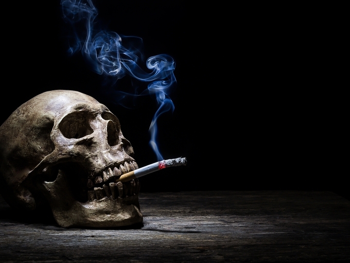 A real skull with burning cigarette in its mouth
