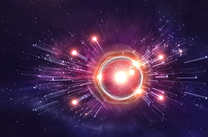 Orange and red atomic particles